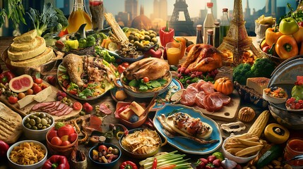 Fototapeta premium An imaginative food collage featuring a mix of cuisine from around the world, celebrating diversity and culinary creativity.