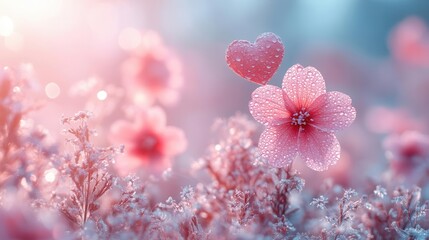 dreamy pastel landscape with floating hearts and delicate flowers soft focus background with space for text evoking motherly love and tenderness