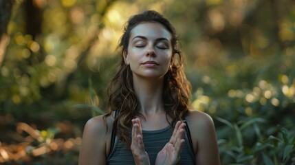 Fototapeta premium A young adult woman doing yoga in a serene outdoor setting