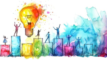 Colorful abstract watercolor of people celebrating growth with a large lightbulb representing innovation and creativity.