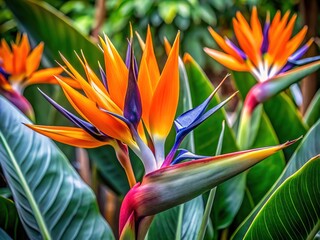 Vibrant orange and purple blooms of Strelitzia reginae, a South African native, unfurl from lush green leaves, showcasing exotic beauty and intricate flower structure.