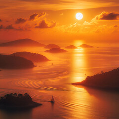 A breathtaking sunrise casting an orange glow over a pristine golf course with a lone golfer walking towards the first tee