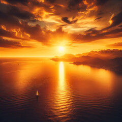 Serene Golden Sunset over the Ocean with Scattered Clouds