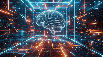3D rendering of an AI brain floating in the center, surrounded by glowing data streams and holographic elements representing advanced technology. Generative AI.