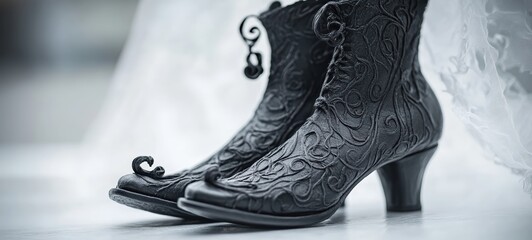 A pair of spooky black witch boots with curled toes