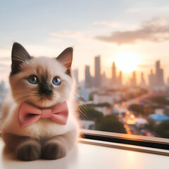 Ginger kitten with white markings and large blue eyes sits on windowsill