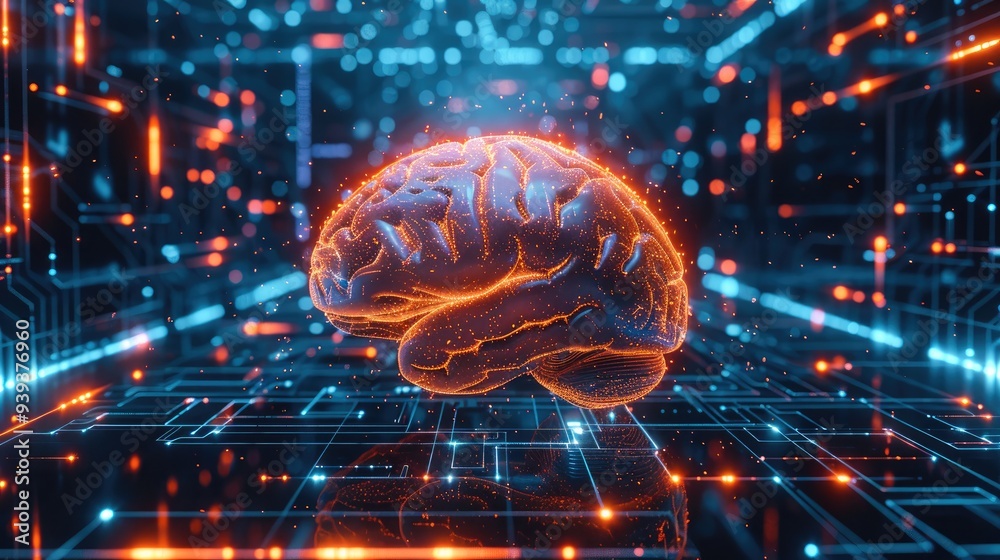 Poster 3D rendering of an AI brain floating in the center, surrounded by glowing data streams and holographic elements representing advanced technology. Generative AI.
