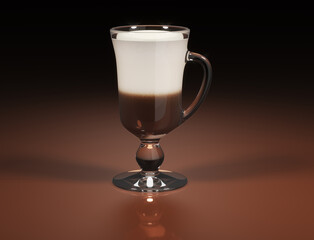 Close-up of realistic irish coffee glass. Transparent glass of cappuccino coffee. 3d illustration on brown
background