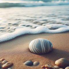 Seashells resting on pristine white sand with gentle ocean waves in the background, capturing a serene beach moment perfect for summer and coastal