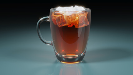 Close-up of realistic glass mug of tea or juice with ice cubes. 3d illustration on blue background
