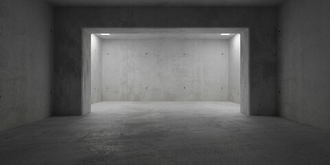 Abstract empty, modern concrete room with beam and pillars and fluorescent tube lights and rough floor - industrial interior background template