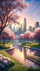 Serene City Park at Sunrise with Cherry Blossoms and River