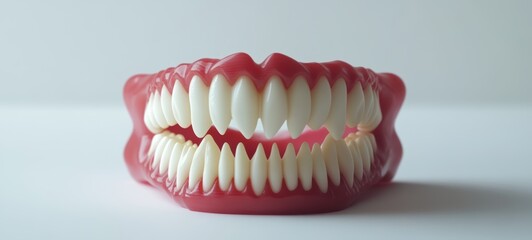 Fototapeta premium A set of plastic vampire fangs with bright white teeth and a hint of red