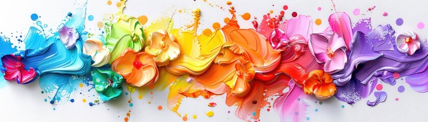 Vibrant splash of colorful paint strokes on a white background, showcasing a rainbow gradient of hues blending together.