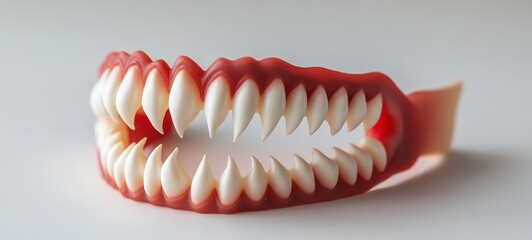 Obraz premium A set of plastic vampire fangs with bright white teeth and a hint of red