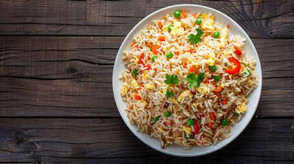 Serving of vegetable and egg fried rice is placed on a weathered wooden table