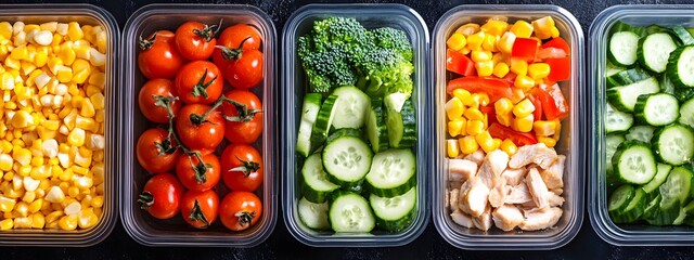 A photo of various meal boxes filled with chicken, vegetables, and fruits arranged neatly in black plastic containers