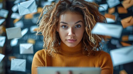 Email overload, business woman owner, email notification. Generative AI.