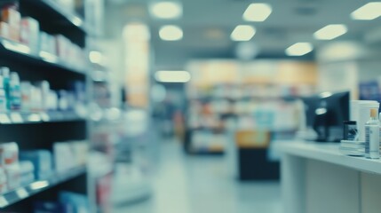 A blurred view of a pharmacy interior showcasing shelves of products and a service counter.
