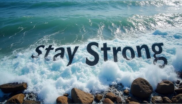 Powerful ocean waves crashing onto a rocky shore,motivational quote STAY STRONG - Powered by Adobe