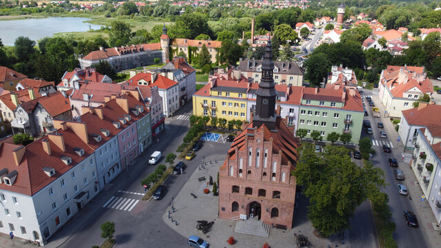 Town hall in morąg from a drone, Poland