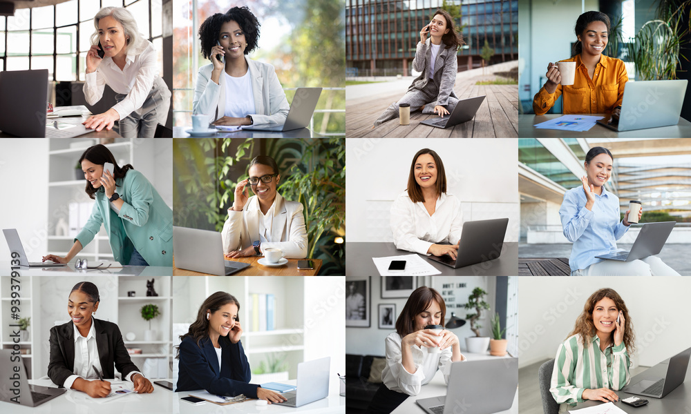 Poster a diverse group of women is seen actively participating in various work-related tasks. some are enga
