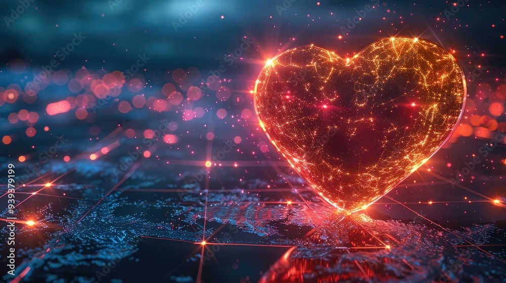 Aufkleber the bright lines form the background of communication technology and the internet, and a heart beats