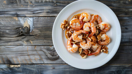 Fototapeta premium Shrimps and walnuts in sauce served on a white plate on a rustic wooden table