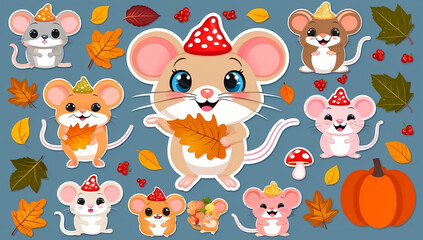 sticker set, different cute funny mouse