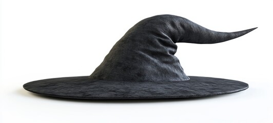 A witch hat with a classic pointed tip and a wide brim, made of solid black fabric, set on a white background