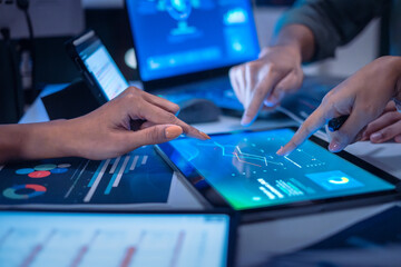 close up hand team of financial discussion fintech  technology planning, analyzing digital...