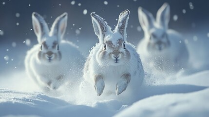 Three White Rabbits Running Through Snow