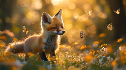 Fototapeta premium Fox Cub in a Meadow with Butterflies