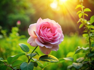 A delicate pink rose blooms amidst lush green leaves on a sun-kissed lawn, creating a serene and peaceful background perfect for greeting cards or invitations.