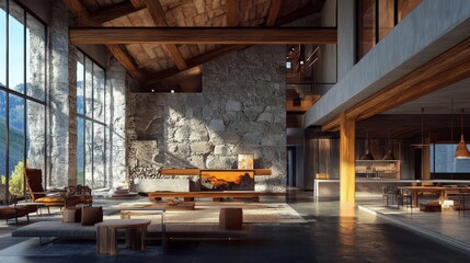 Obraz premium Spacious modern living room with high wooden ceilings, large windows, and stone fireplace, showcasing elegant, rustic interior design.