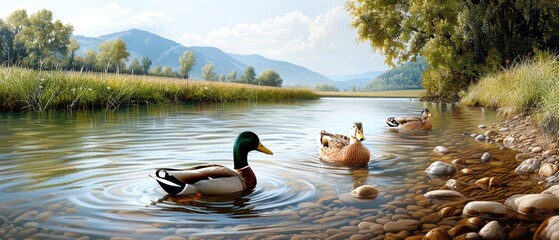 Scenic view of ducks swimming in a calm river, surrounded by lush greenery and mountains under a clear sky.