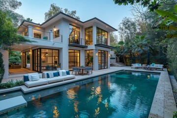 Architect's two-story home with pool, large windows, blue accents, outdoor furniture, and natural lighting in Beverly Hills.