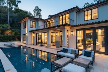 Fototapeta premium Architect's two-story home with pool, large windows, blue accents, outdoor furniture, and natural lighting in Beverly Hills.