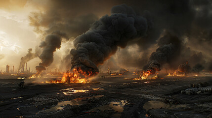 A dramatic scene of an oil field set ablaze during a conflict, with thick black smoke billowing into the sky. The flames are intense, and the surrounding area is scorched
