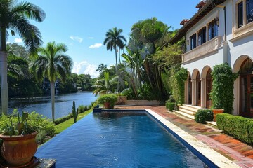 Fototapeta premium Upscale tropical backyard with large pool, palm trees, blue sky, lush hedges, garden, and potted cactus, natural midday lighting.