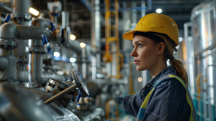 A large industrial plant where chemical engineers are overseeing the production of chemicals. The focus is on a female engineer wearing safety gear, inspecting