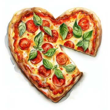 recommend clip art: Heart-shaped pizza illustrated in watercolor, featuring pepperoni and basil, depicted in clip art style on a white background for a charming and appetizing visual.