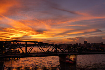 Beautiful Sunset with Dramatic Sky at Memorial Bridge, Bangkok, Thailand