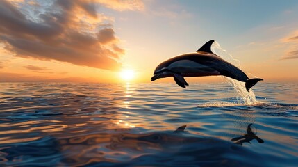 A dolphin leaps out of the ocean at sunset creating a stunning silhouette against the serene sea and golden sky.