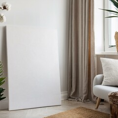 Canvas mockup in Scandinavian living room interior, 3d render

