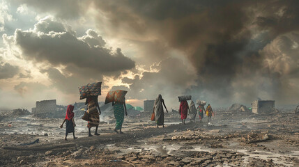 A group of climate refugees carrying their belongings as they walk through a barren, desolate landscape. The ruins of their homes can be seen in the background, destroyed by flooding 