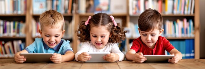 Three young children using tablets in a library, engaged in learning and having fun with technology.