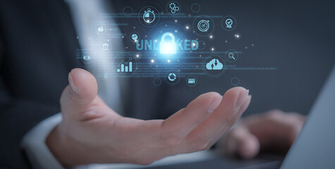 cybersecurity for business managed the document privacy to protection online data by lock icon virtual screen technology.protecting personal data on laptops interfaces prevent mail from scammer hacker
