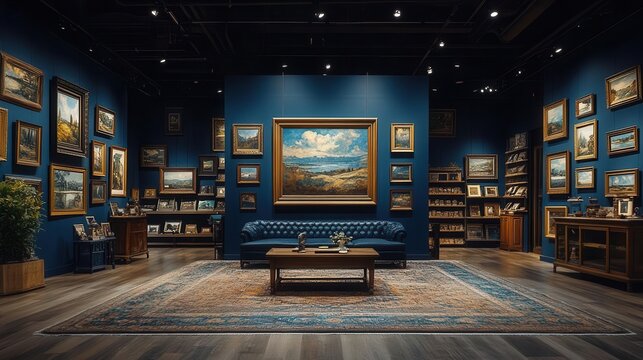 elegant gilt frame on deep royal blue wall in upscale art gallery dramatic lighting subtle reflections and negative space create sophisticated atmosphere for highend art display