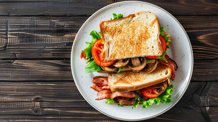 Bacon, lettuce, tomato, and mushroom blt sandwich on a white plate on a dark wood table with toasted bread